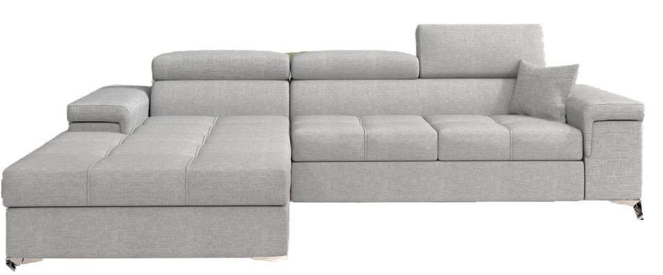 Canapé d’angle convertible RIKARO en tissu avec coffre, têtières réglables et pieds en acier chromé – 281 cm - Photo n°1