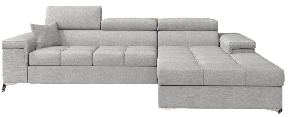 Canapé d’angle convertible RIKARO en tissu avec coffre, têtières réglables et pieds en acier chromé – 281 cm - Photo n°1