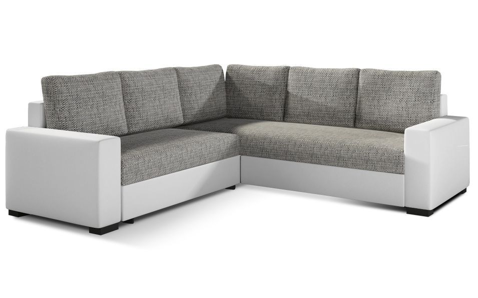 Canapé d'angle convertible simili blanc et tissu gris clair chiné Travor 235 cm - Photo n°1
