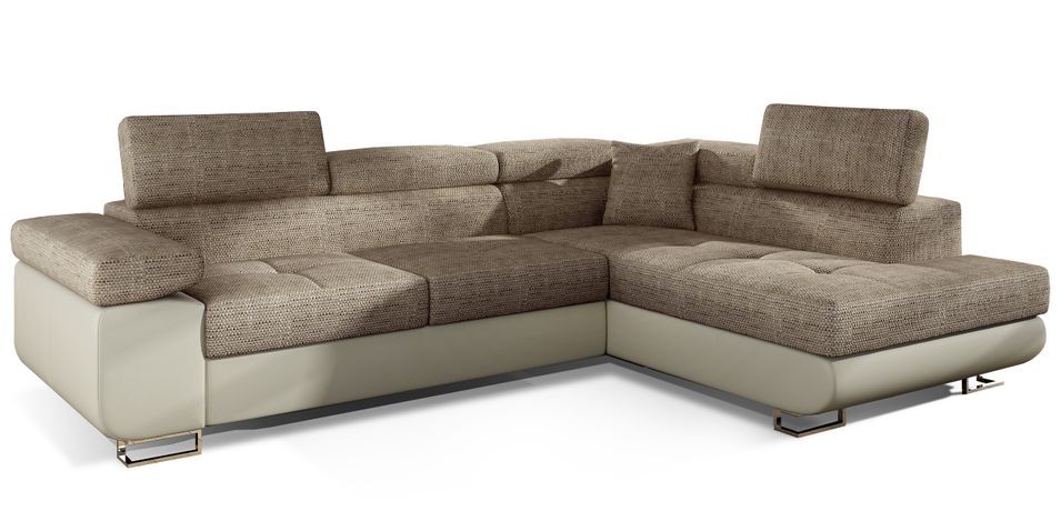 Canapé d'angle convertible simili cuir et tissu MARKA - Coffre et appuis-tête réglables - Photo n°1