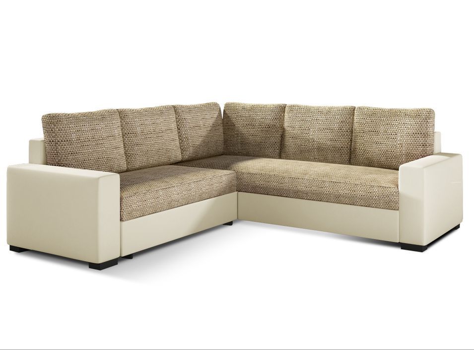 Canapé d'angle convertible simili et tissu beige chiné Travor 235 cm - Photo n°1