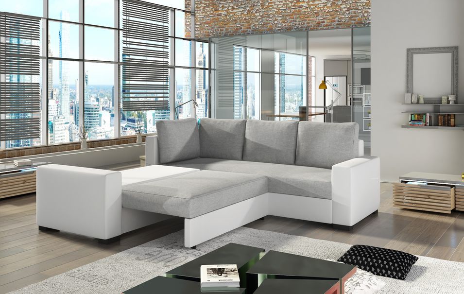 Canapé d'angle convertible simili marron et tissu beige chiné Travor 235 cm - Photo n°3