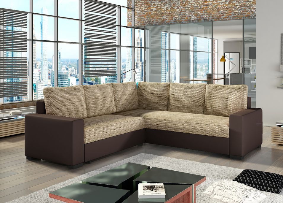 Canapé d'angle convertible simili marron et tissu beige chiné Travor 235 cm - Photo n°2