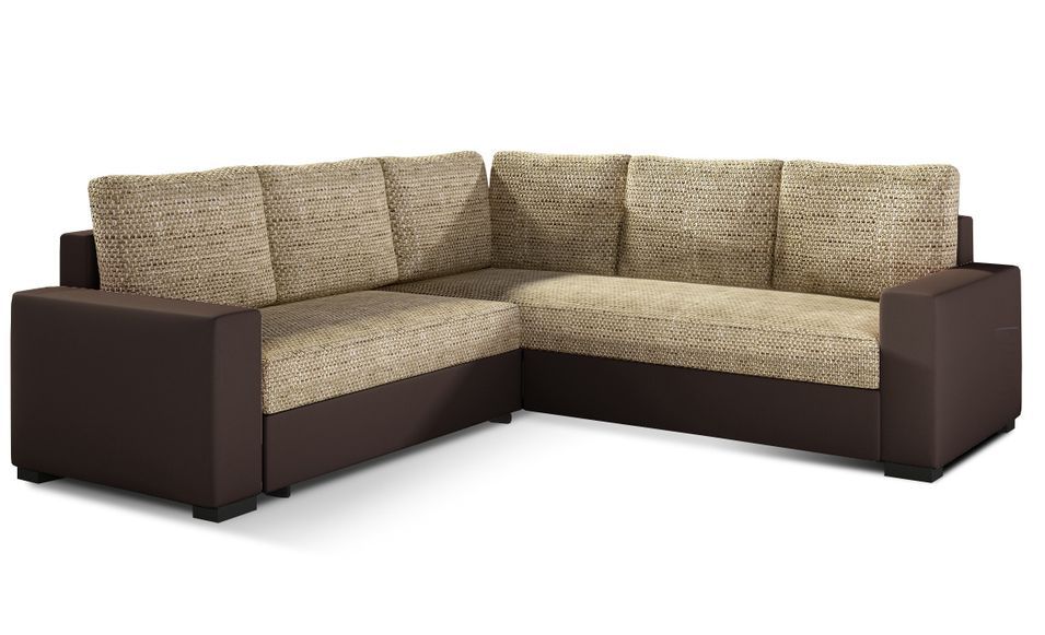 Canapé d'angle convertible simili marron et tissu beige chiné Travor 235 cm - Photo n°1