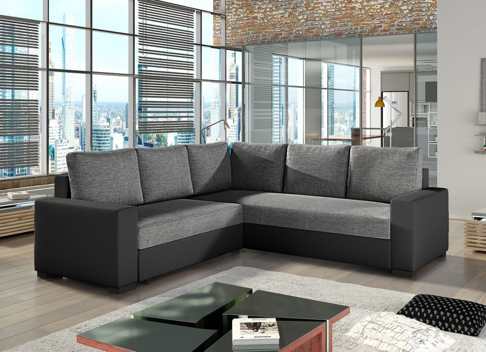 Canapé d'angle convertible simili noir et tissu gris chiné Travor 235 cm - Photo n°1