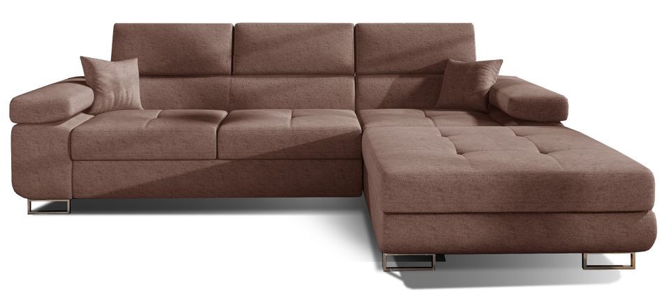 Canapé d'angle convertible tissu appuis-tête réglables KALIZO - Coffre et pieds acier chromé - Photo n°1