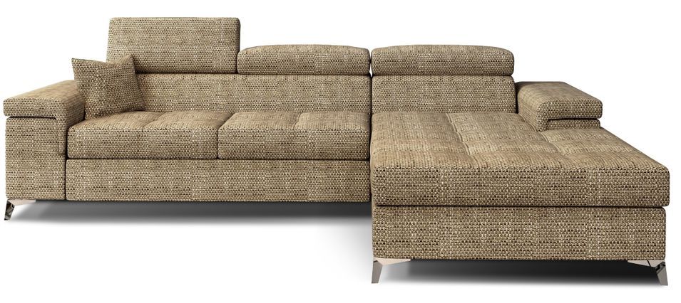 Canapé d'angle convertible tissu appuis-tête réglables RIKARO - Coffre et pieds acier chromé - Photo n°1