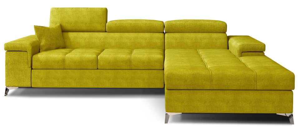 Canapé d'angle convertible tissu appuis-tête réglables RIKARO - Coffre et pieds acier chromé - Photo n°1