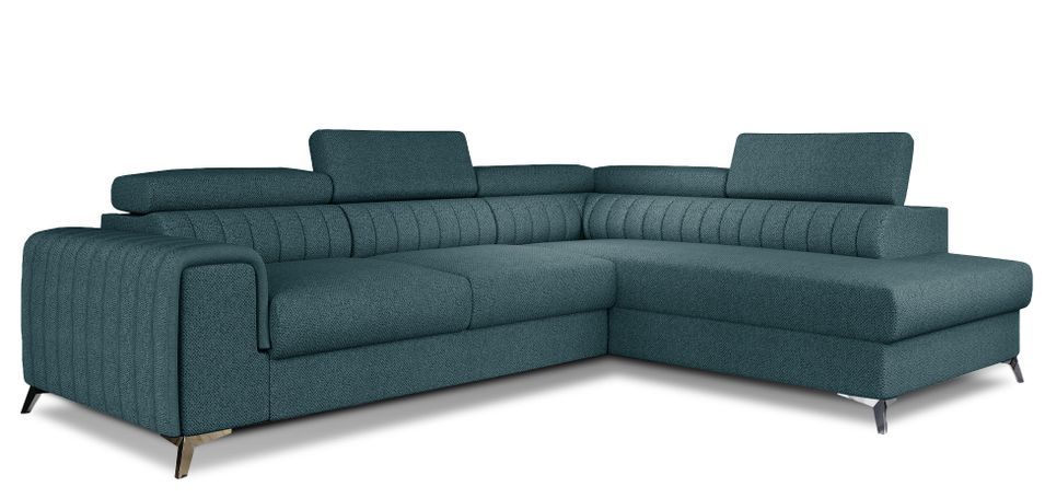 Canapé d'angle convertible tissu appuis-tête réglables LOZA - Coffre et pieds acier chromé - Photo n°1