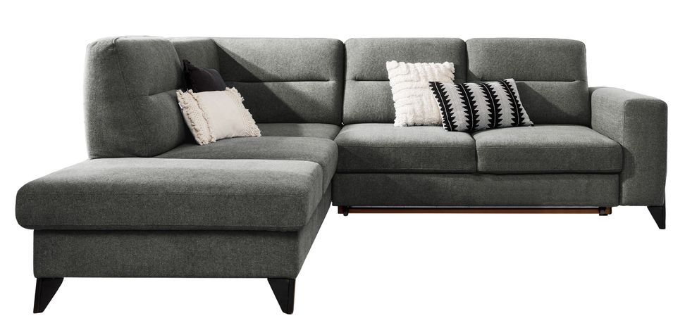 Canapé d'angle convertible tissu KAZAL - Dossiers réglables et pieds acier noir - Photo n°1