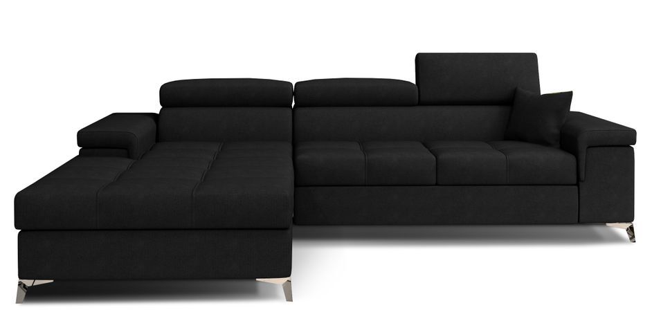 Canapé d'angle convertible velours appuis-tête réglables RIKARO - Coffre et pieds acier chromé - Photo n°1