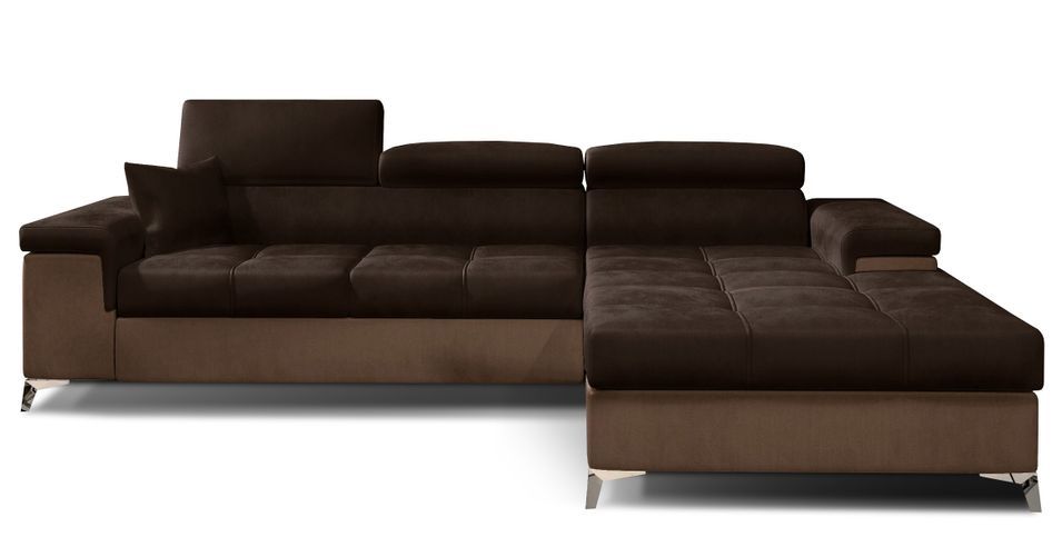 Canapé d'angle convertible velours appuis-tête réglables RIKARO - Coffre et pieds acier chromé - Photo n°1