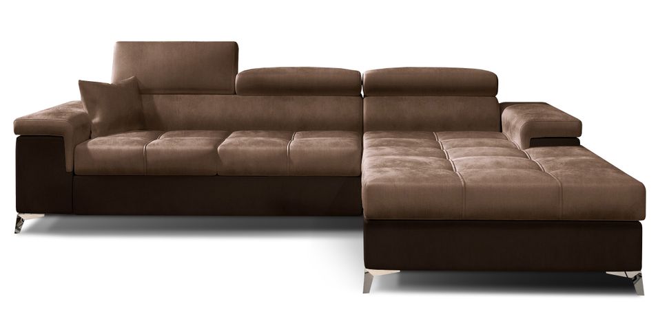 Canapé d'angle convertible velours appuis-tête réglables RIKARO - Coffre et pieds acier chromé - Photo n°1