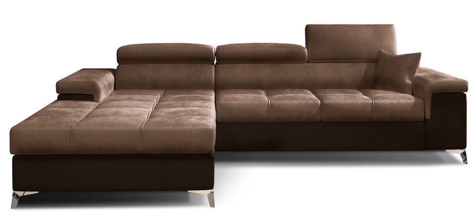 Canapé d'angle convertible velours appuis-tête réglables RIKARO - Coffre et pieds acier chromé - Photo n°1