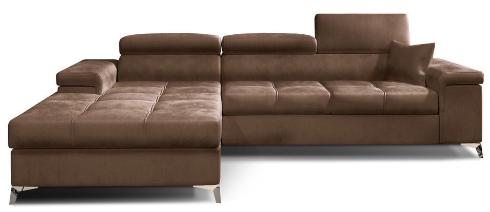 Canapé d'angle convertible velours appuis-tête réglables RIKARO - Coffre et pieds acier chromé - Photo n°1