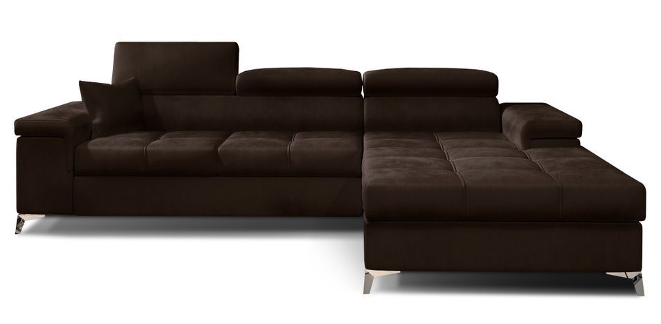 Canapé d'angle convertible velours appuis-tête réglables RIKARO - Coffre et pieds acier chromé - Photo n°1