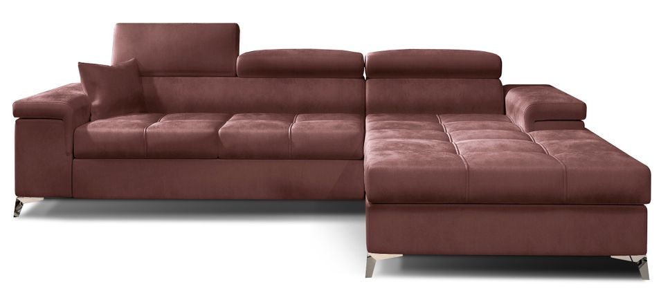 Canapé d'angle convertible velours appuis-tête réglables RIKARO - Coffre et pieds acier chromé - Photo n°1