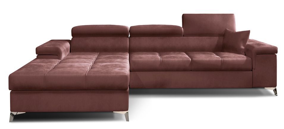 Canapé d'angle convertible velours appuis-tête réglables RIKARO - Coffre et pieds acier chromé - Photo n°1