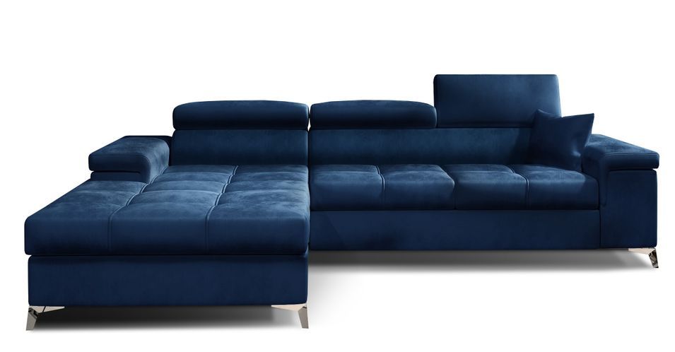 Canapé d'angle convertible velours appuis-tête réglables RIKARO - Coffre et pieds acier chromé - Photo n°1