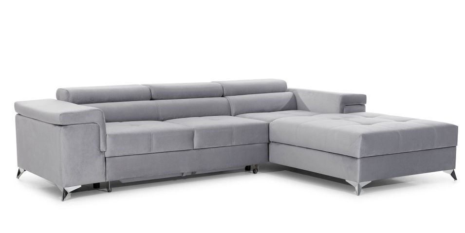 Canapé d'angle convertible velours appuis-tête réglables RIKARO - Coffre et pieds acier chromé - Photo n°1