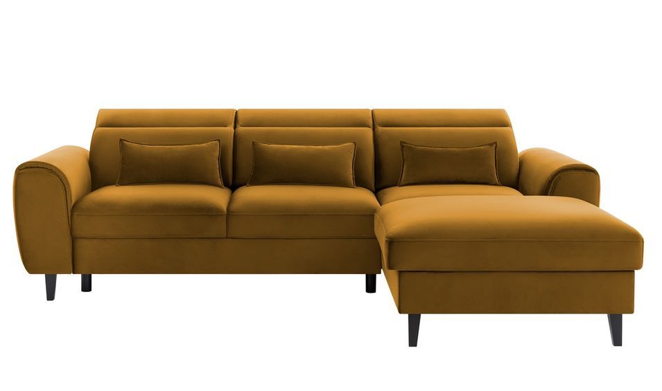 Canapé d'angle convertible velours appuis-tête réglables ASTORIA - Coffre et pieds bois noir - Photo n°1