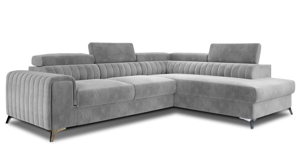 Canapé d'angle convertible velours appuis-tête réglables LOZA - Coffre et pieds acier chromé - Photo n°1