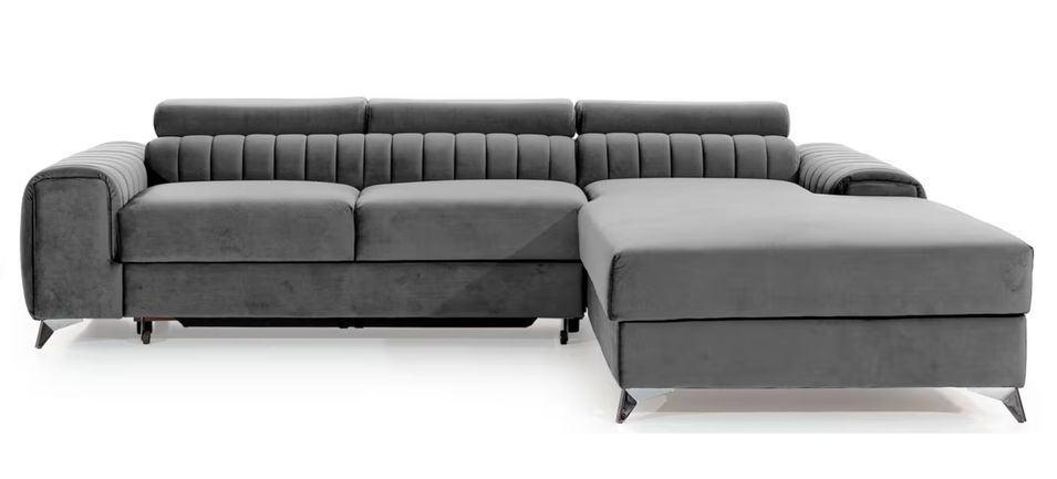 Canapé d'angle convertible velours têtière réglables GRENKY - Coffre, pieds acier chromé - Photo n°1