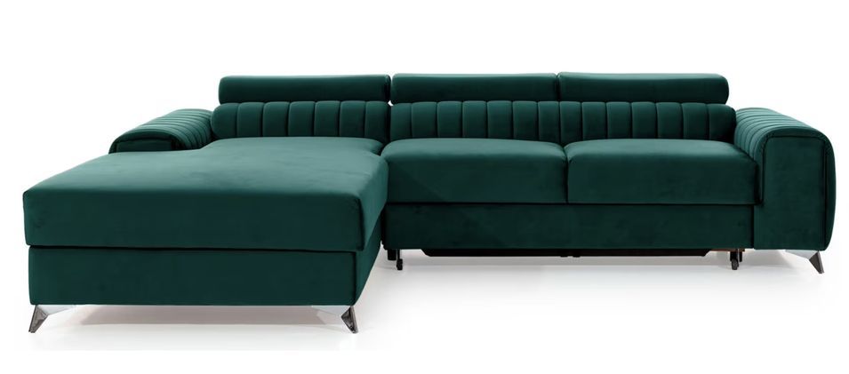 Canapé d'angle convertible velours têtière réglables GRENKY - Coffre, pieds acier chromé - Photo n°1