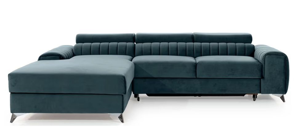 Canapé d'angle convertible velours têtière réglables GRENKY - Coffre, pieds acier chromé - Photo n°1