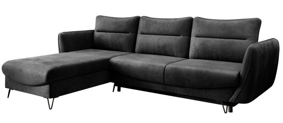 Canapé d'angle convertible velours ZURIK - Coffre de rangement et pieds métal noir - Photo n°1