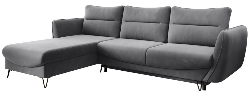 Canapé d'angle convertible velours ZURIK - Coffre de rangement et pieds métal noir - Photo n°1