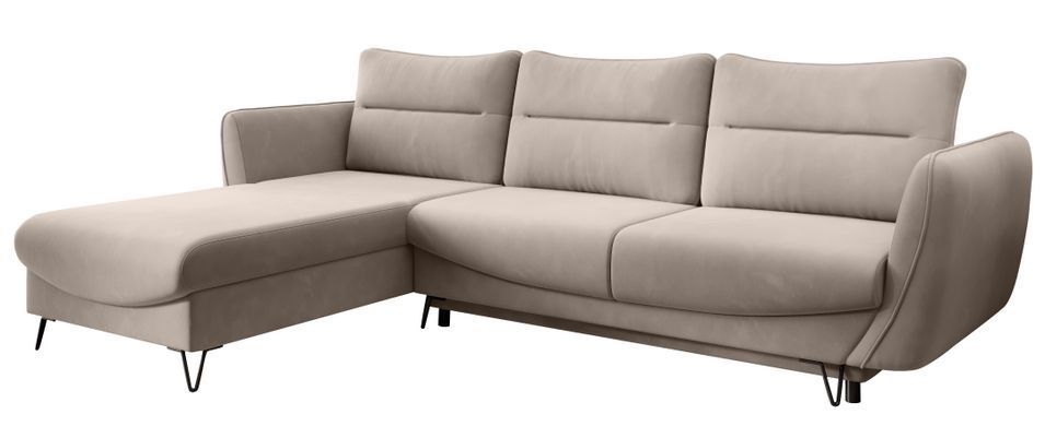 Canapé d'angle convertible velours ZURIK - Coffre de rangement et pieds métal noir - Photo n°1