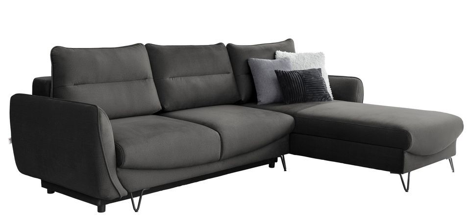 Canapé d'angle convertible velours ZURIK - Coffre de rangement et pieds métal noir - Photo n°1