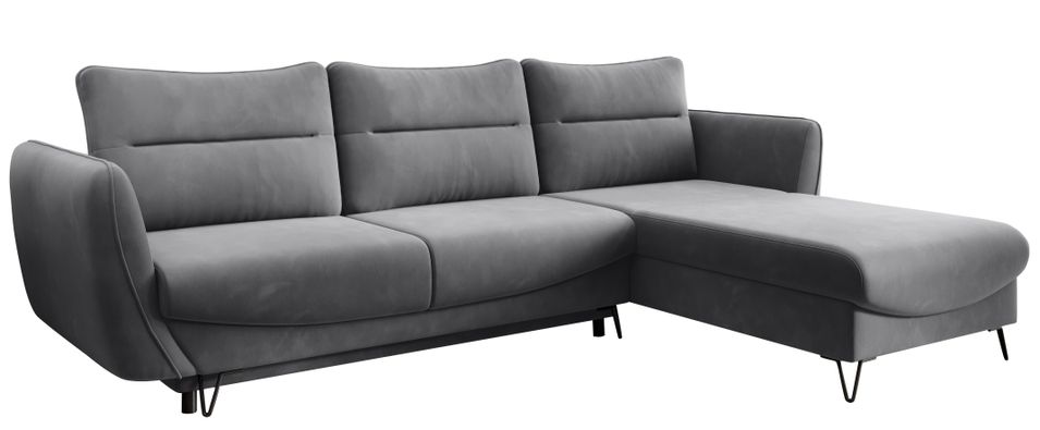 Canapé d'angle convertible velours ZURIK - Coffre de rangement et pieds métal noir - Photo n°1
