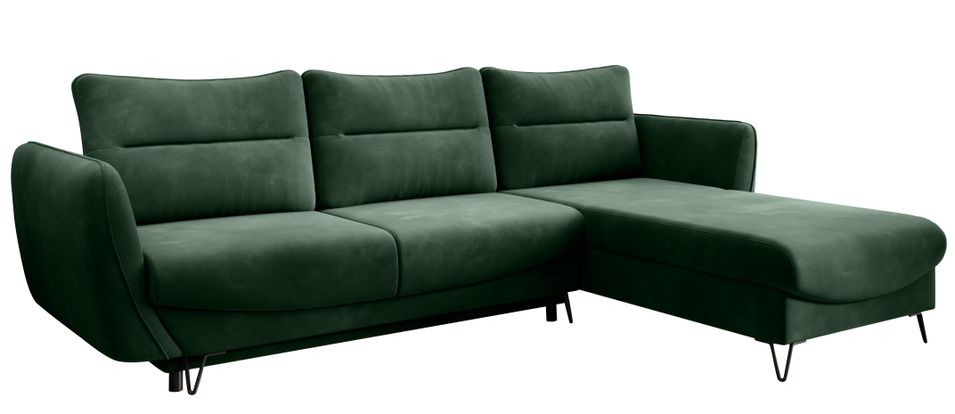 Canapé d'angle convertible velours ZURIK - Coffre de rangement et pieds métal noir - Photo n°1