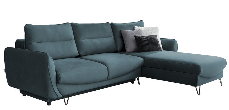 Canapé d'angle convertible velours ZURIK - Coffre de rangement et pieds métal noir - Photo n°1