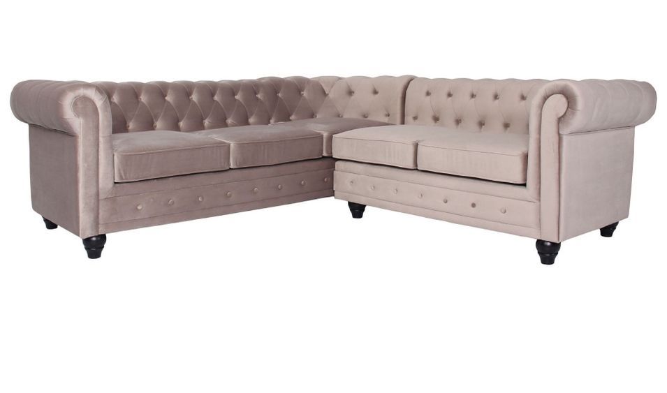 Canapé d'angle droit 5 places velours beige Vatsi 220 cm - Photo n°1