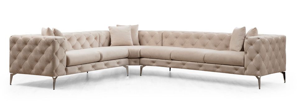 Canapé d'angle droit capitonné velours beige clair et pieds chromés Herakles 270 cm - Photo n°1