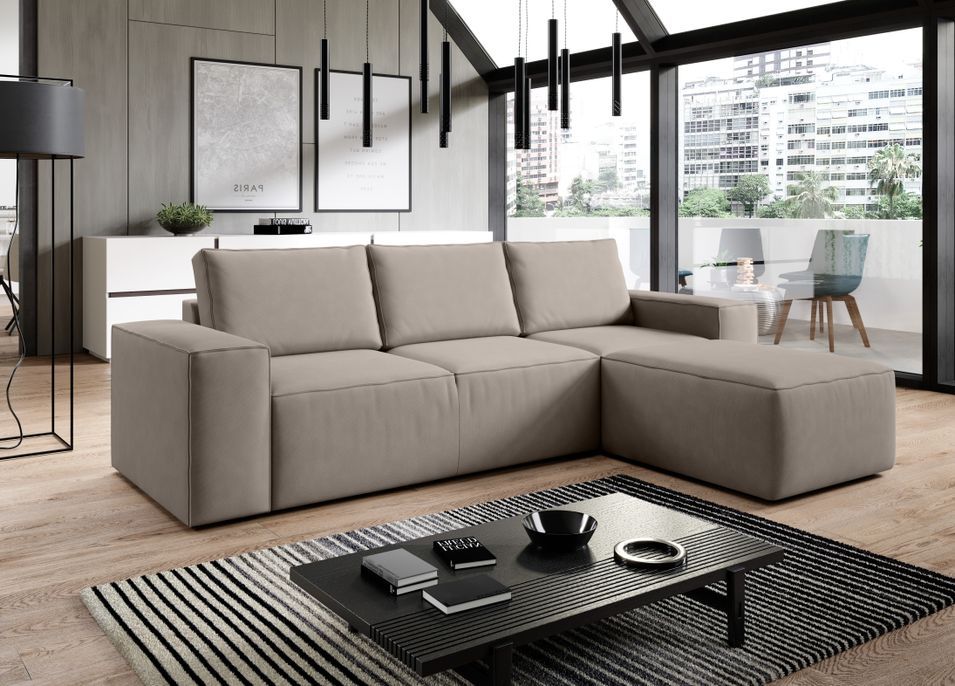 Canapé d'angle droit convertible moderne tissu beige Willace 302 cm - Photo n°1