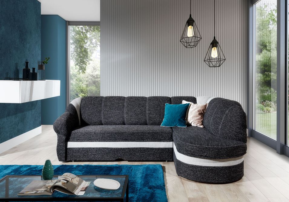 Canapé d'angle droit convertible velours bleu marine et gris clair Sundy 250 cm - Photo n°1