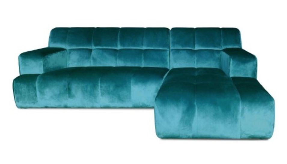 Canapé d'angle droit matelassé velours bleu turquoise Kozie - Photo n°1