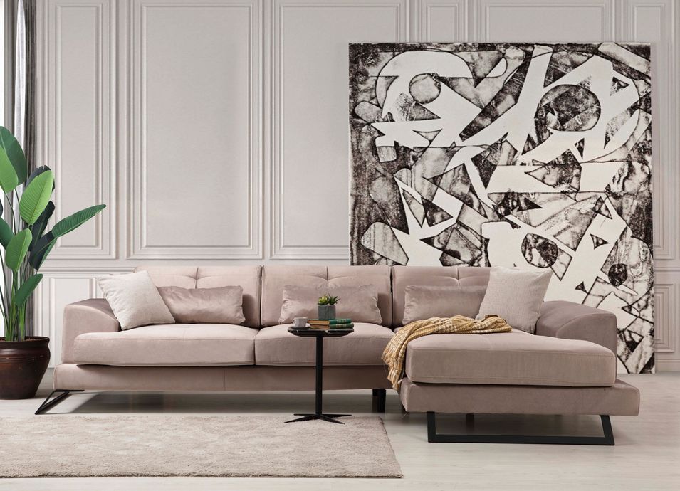 Canapé d'angle droit velours beige avec têtières relevables et pieds metal noir Briko 308 cm - Photo n°1
