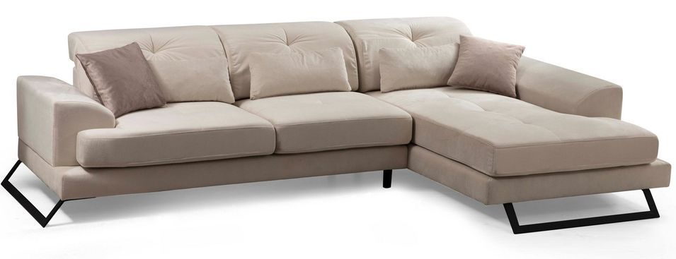 Canapé d'angle droit velours beige clair avec têtières relevables et pieds metal noir Briko 308 cm - Photo n°1
