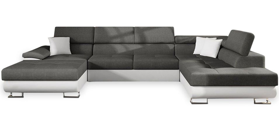 Canapé d'angle en U convertible simili blanc et tissu gris Levus 345 cm - Photo n°1