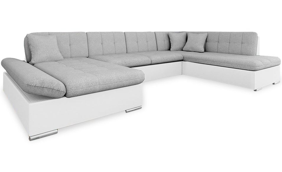 Canapé d'angle en U convertible tissu gris clair et simili blanc Nutty 340 cm coffre à gauche - Photo n°1