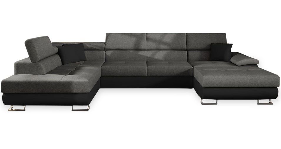 Canapé d'angle en U convertible tissu gris et simili noir Levus 345 cm - Photo n°1