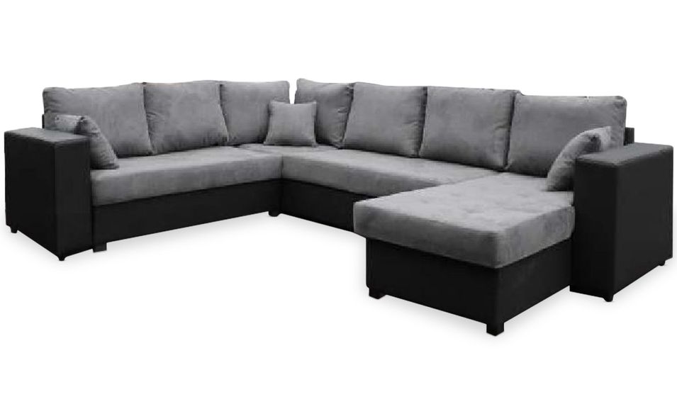 Canapé d'angle en U simili noir et tissu gris Trina méridienne à droite - Photo n°1