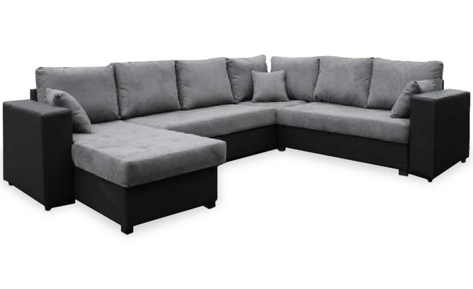 Canapé d'angle en U simili noir et tissu gris Trina méridienne à gauche - Photo n°1