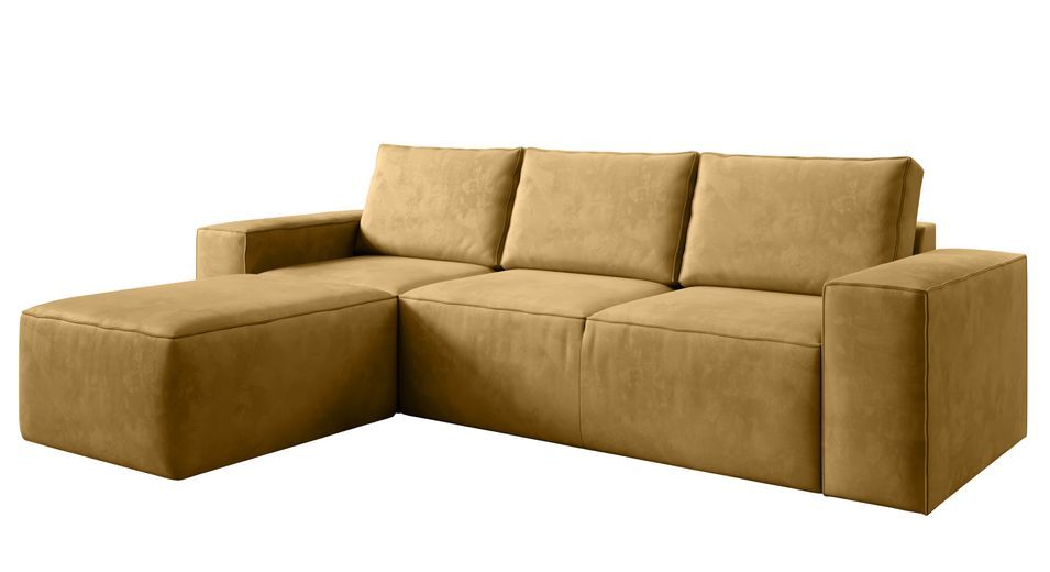 Canapé d'angle gauche convertible moderne velours jaune moutarde Willace 302 cm - Photo n°1