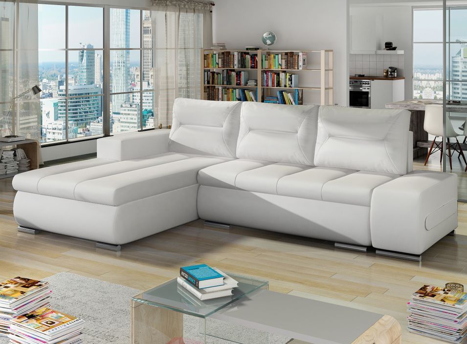 Canapé d'angle gauche convertible simili cuir blanc Waker 275 cm - Photo n°1